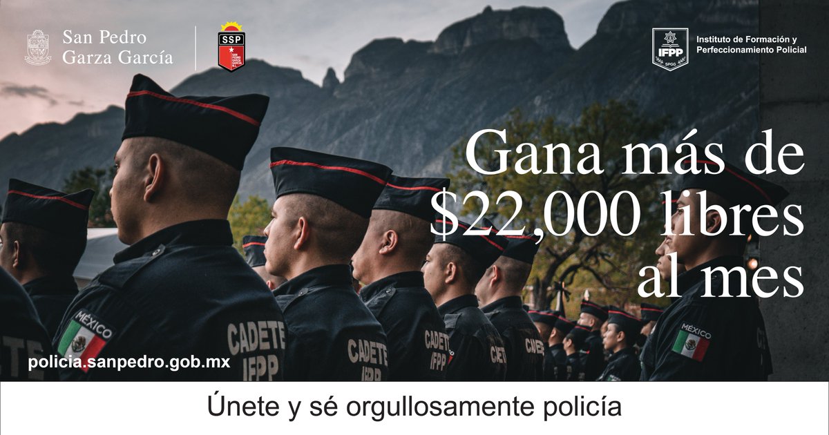 SanPedroNL's tweet photo. Únete a la mejor Policía de México y estudia en el Instituto de Formación y Perfeccionamiento Policial de #SPGG.
Policía de #SanPedro: profesional, honesta y efectiva. 🚔🚨
Información y registro: https://t.co/sYmQEO6Map
#OrgullosamentePolicía #IFPP https://t.co/IGRGiBg0ES