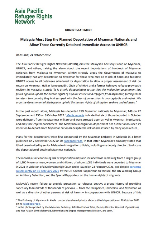 Hafsar Tameesuddin, Chair of APRRN states “It is disappointing to see the Malaysian government [...] forcing #Myanmar nationals to return to a country they had escaped with the fear of persecution. It is unacceptable and unjust...” aprrn.org/newsroom-detai…