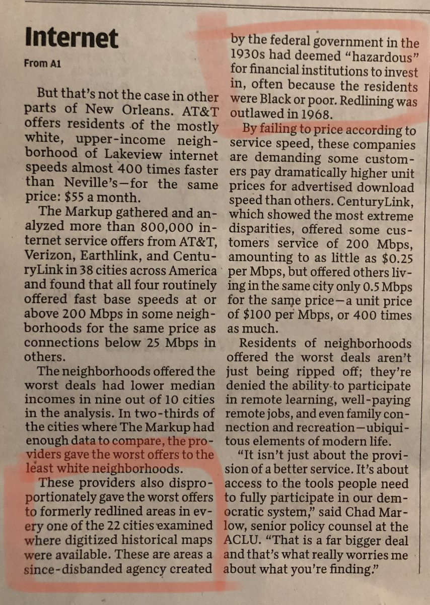 nprosenheim's tweet image. Historic racism is persistent and exacerbates inequality - study of 800,000 internet service offers shows that Black families in redlined areas pay 400x more for sub standard service. #planningmethods How is your community working to overcome systemic racism? @themarkup