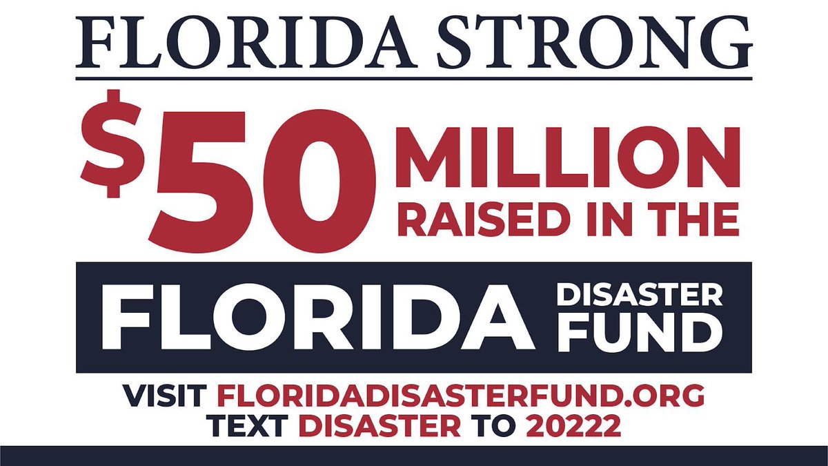 Excited to announce the Florida Disaster Fund has reached $50 million! Thank you to the incredible kindness from people all across the state and county to help Floridians impacted by Ian.