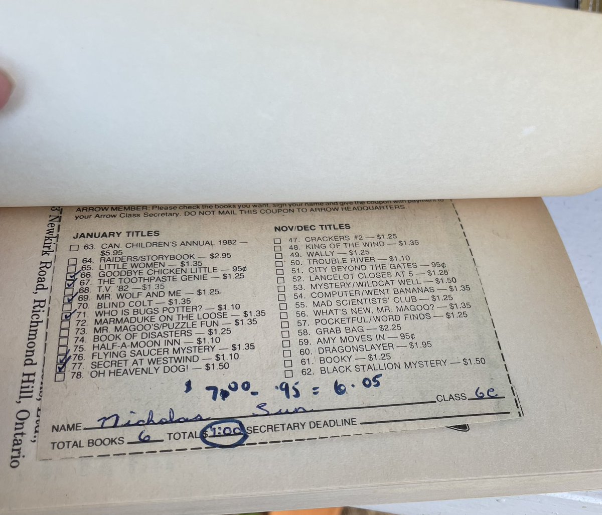 JackpotBook's tweet photo. In the genre of girls with long hair racing away from houses. I love the school book order tucked into the cover of this 1981 paperback: Nicholas in grade 6 bought six books in January costing a total of $7. https://t.co/rP0sKdfLQa