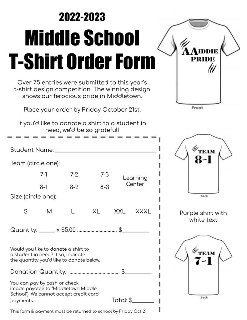 Good news 🎉 we are extending our T-shirt sale to Wednesday this week. The shirt was designed by an MMS student and voted on by their classmates. Each team has a unique back and color scheme. Turn in that $5 this week! #middierising