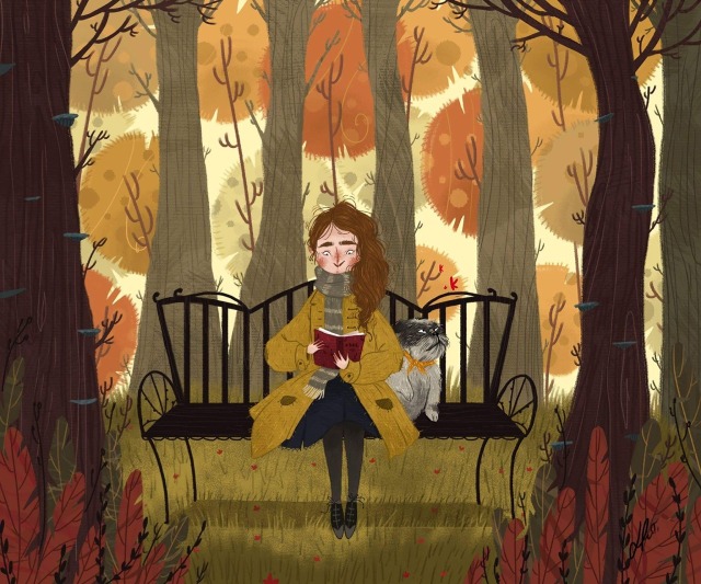 The excuse is to walk the dog, but the truth is that I love to read in the fenced autumn park (Illustration by Laura Proietti).