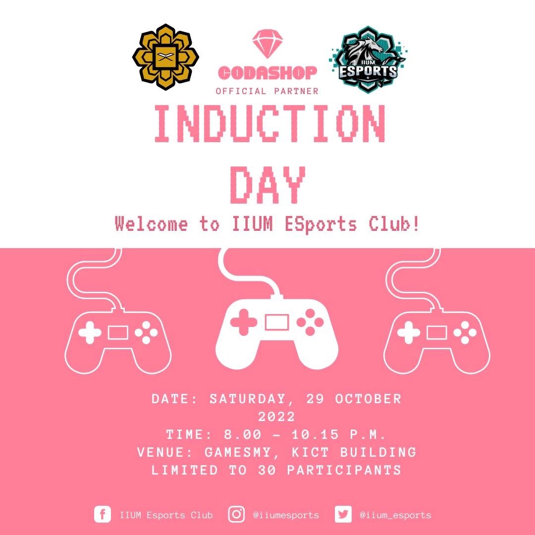 We are pleased to inform that IIUM E-Sports Club will be organizing an Induction Day! Limited seats are available so come and join us by registering here : forms.gle/Xmrtmjd5cWaCDn…