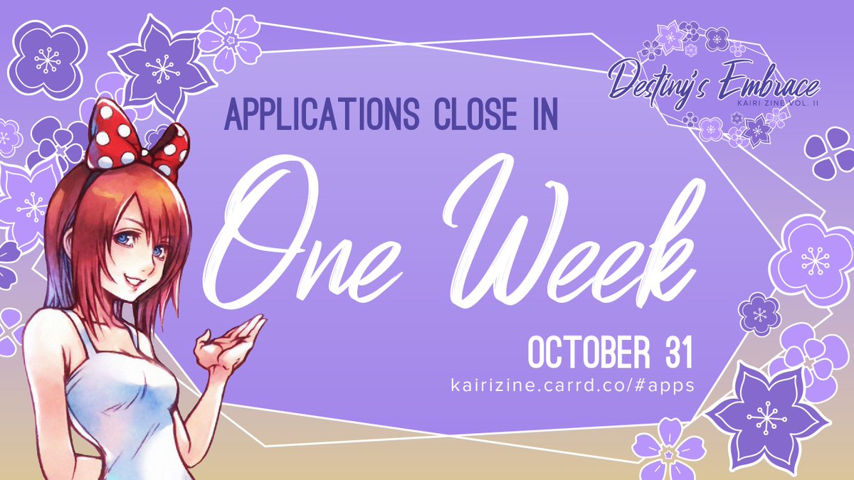 Time is ticking! There's just one week left to apply to the #KingdomHearts Kairi zine.

🌺Artist: forms.gle/wHQT3fuibHAAoZ…
🌺Writer: forms.gle/aBQ8mXMGSyu5kz…
🌺Merch: forms.gle/LU48Gi1KgbxLGa…

Submit your applications before October 31st. More info here: kairizine.carrd.co/#apps