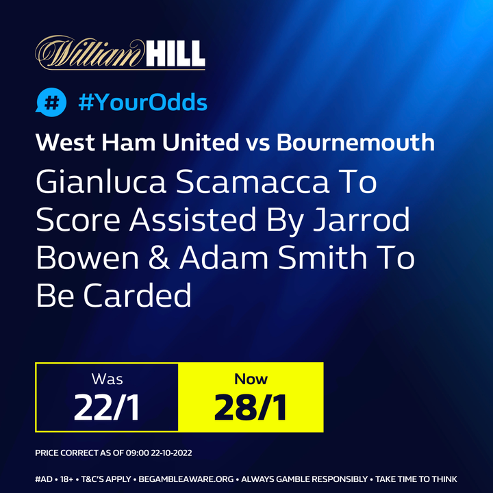FootyAccums's tweet photo. 🚨 ALL PLAYERS START 🚨

📈 Our #YouOdds boost for West Ham vs. Bournemouth 🔥

⚽️ Bowen to assist Scamacca
🟨 Adam Smith to be carded

🤯 Was 22/1, NOW 28/1!

Back it here 👉 https://t.co/E1SOkhR0cn

#Ad 18+ BeGambleAware https://t.co/vZoZzssHmf