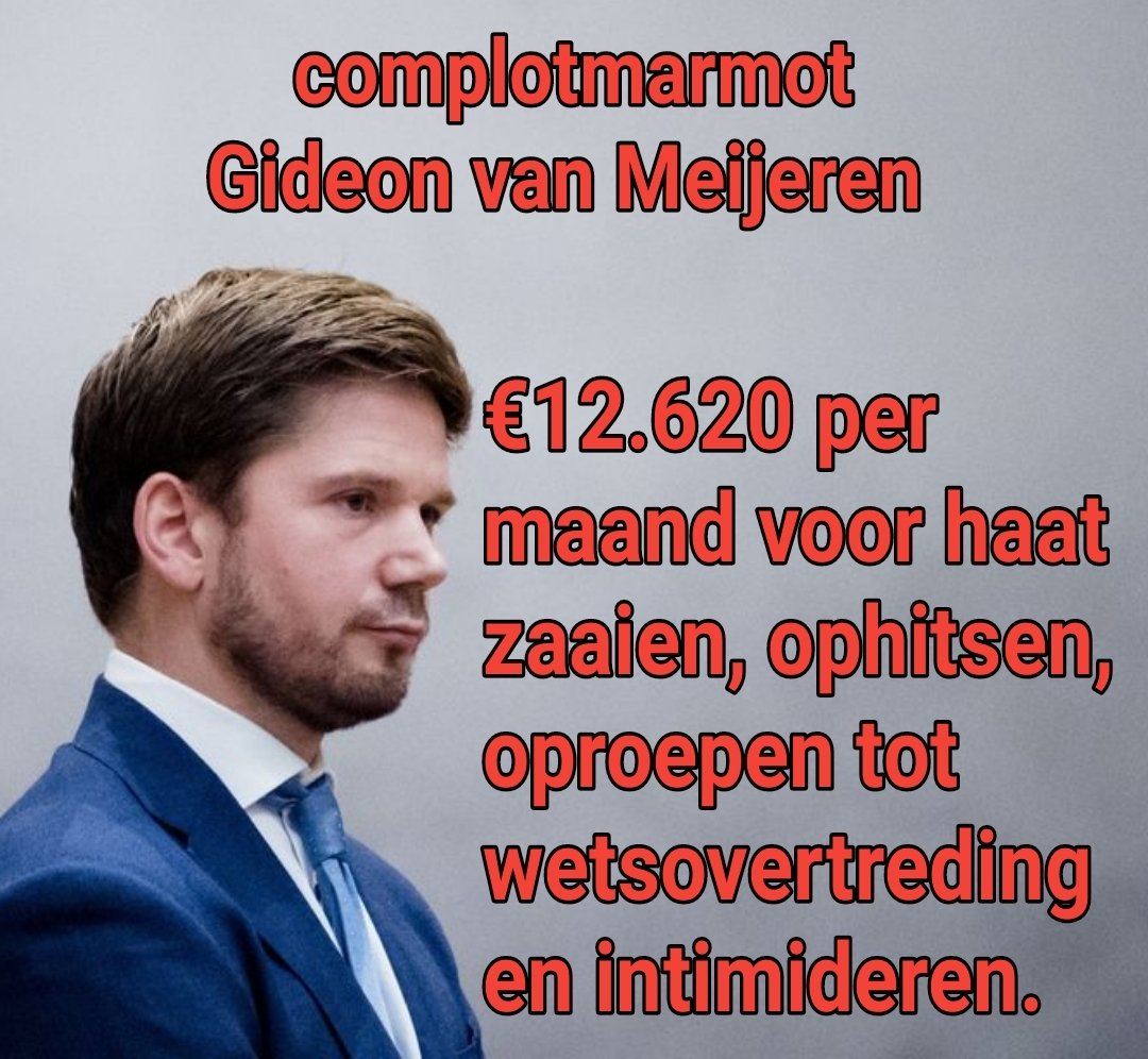 #complotmarmot Gideon van Meijeren met 0 wetsvoorstellen, 11 flut amendementen en 8 totaal irrelevante kamervragen harkt  €12.620 per maand binnen met haat zaaien, ophitsen, oproepen tot wetsovertreding en intimideren.

#FvDmoetverbodenworden