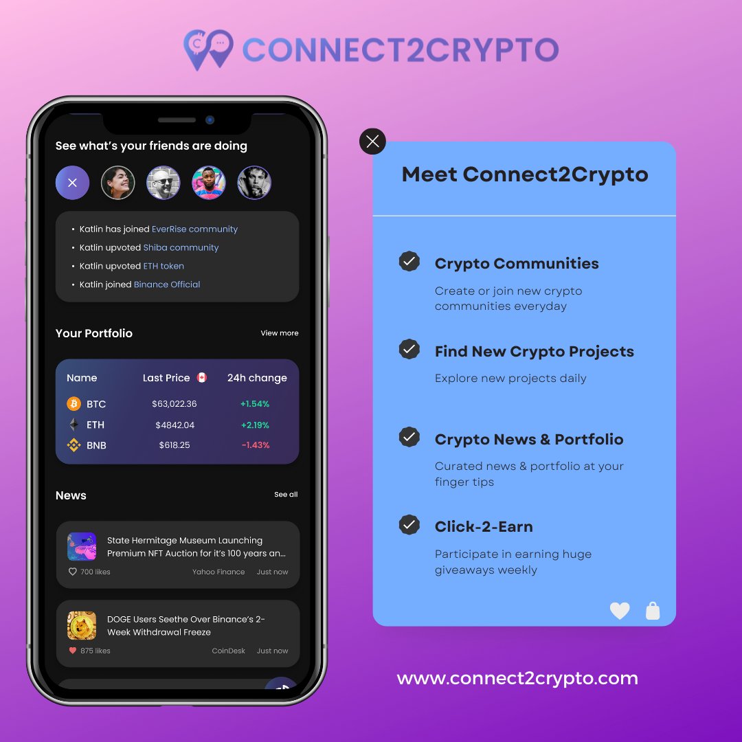 CONNECT2CRYPTO_'s tweet photo. 😍 Introducing Connect2Crypto where Messaging Meets Blockchain. 
Here you can CONNECT. EARN. DISCOVER

📢Connect2Crypto is more than a messaging app.

💰" Click-2-Earn" gives all users a unique opportunity to earn mega rewards.📍https://t.co/suKhnBjwtQ

#crypto #NFT #blockchain https://t.co/0UBKagh2Pn