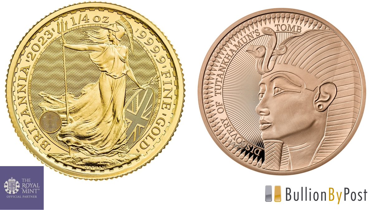 bullionbypost's tweet photo. New Releases! The 2023 1/4oz gold Britannia coins have now arrived and are available to order. We also have a limited number of the new Tutankhamun Proof coins available for fans of Egyptian history.

https://t.co/UuYQ3WGM2a

#gold #silver #britannia #tutankhamun #investing https://t.co/LWRxaBhvEK