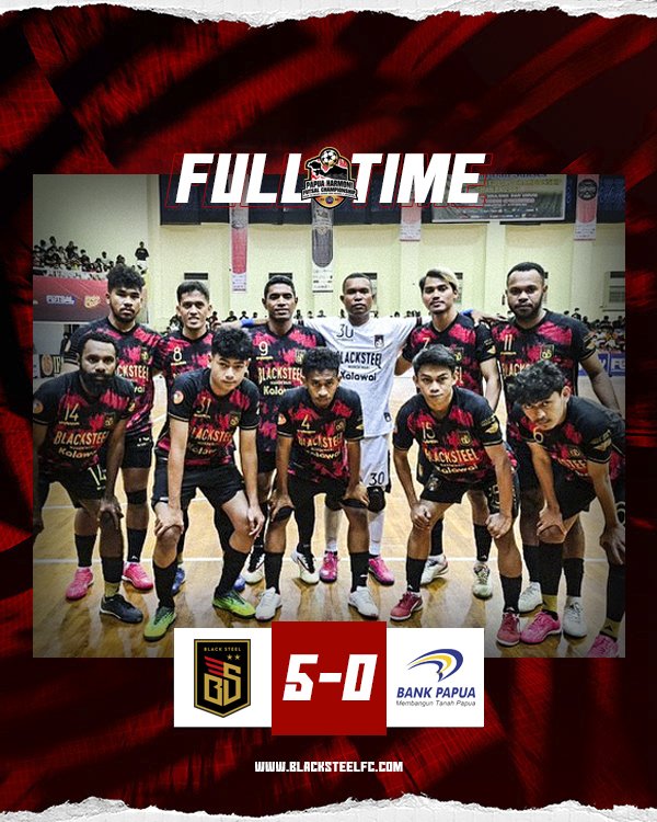 BlackSteelFC's tweet photo. PAPUA HARMONI FUTSAL CHAMPIONSHIP 2022

⏱️ FT: Black Steel FC Papua 5️⃣-0️⃣ Bank Papua

#BlackSteelFC https://t.co/wn22kQIhze