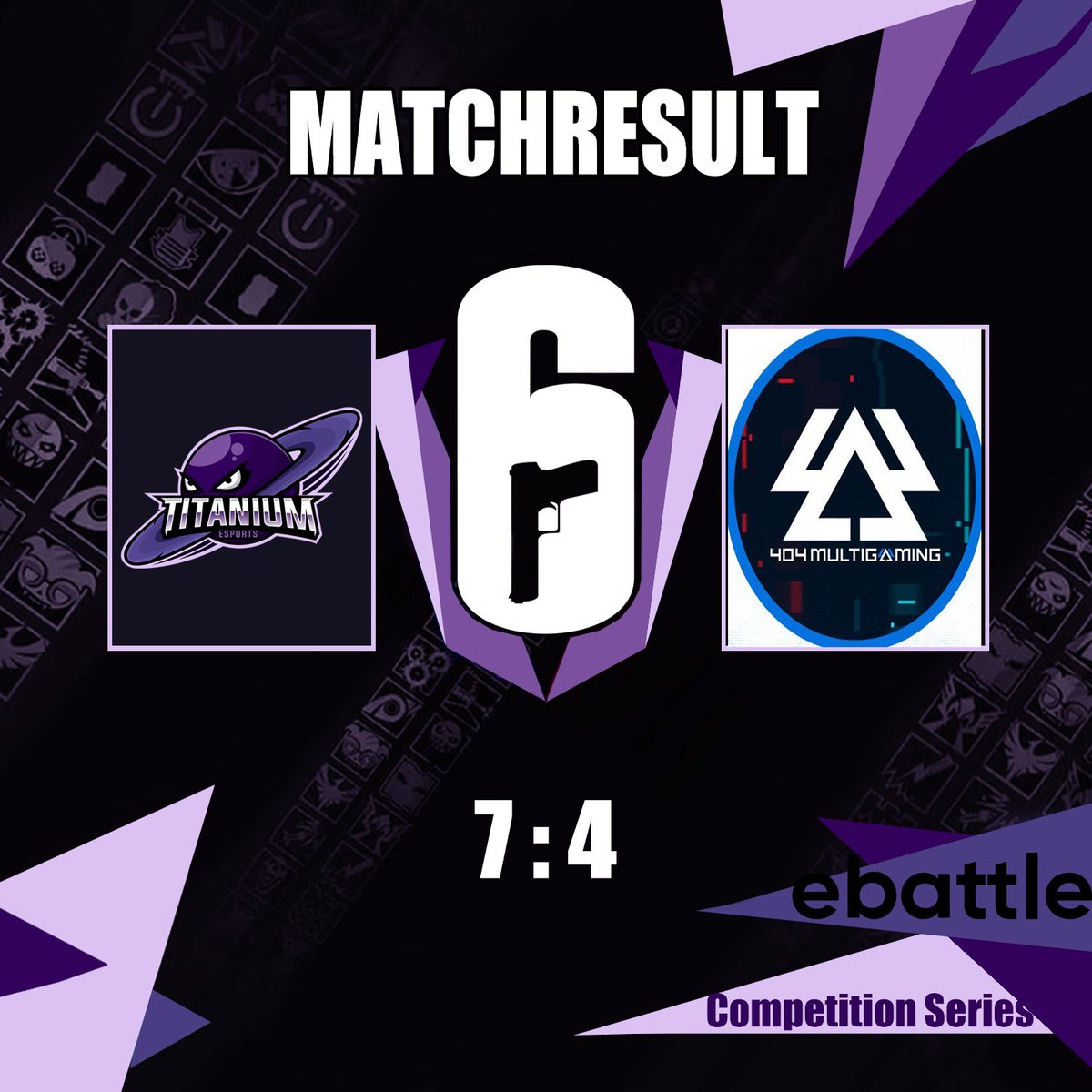 +++MATCHRESULT+++

Yesterday our R6 Main Team (PC) played their 3rd match day in the Ebattle Competition Series against <a href="/404_Multigaming/">404 Multigaming e.V.</a>  and were able to secure a win on Border.

It was a good and fair game.

Thick GG on 404.

#TitaniunWon💜💜💜