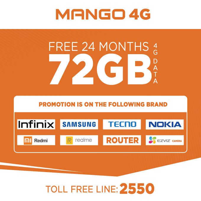 Hot deals and special promotions on #Smartphones. Come to the nearest #Mango4G Center and buy a new smartphone and get free 72 GB in 24 months. Available brands: #Tecno, #Samsung, #RedMi, #Infinix, #Nokia, #Realme &amp; #IplusP1. Call us on 2550 for more information.