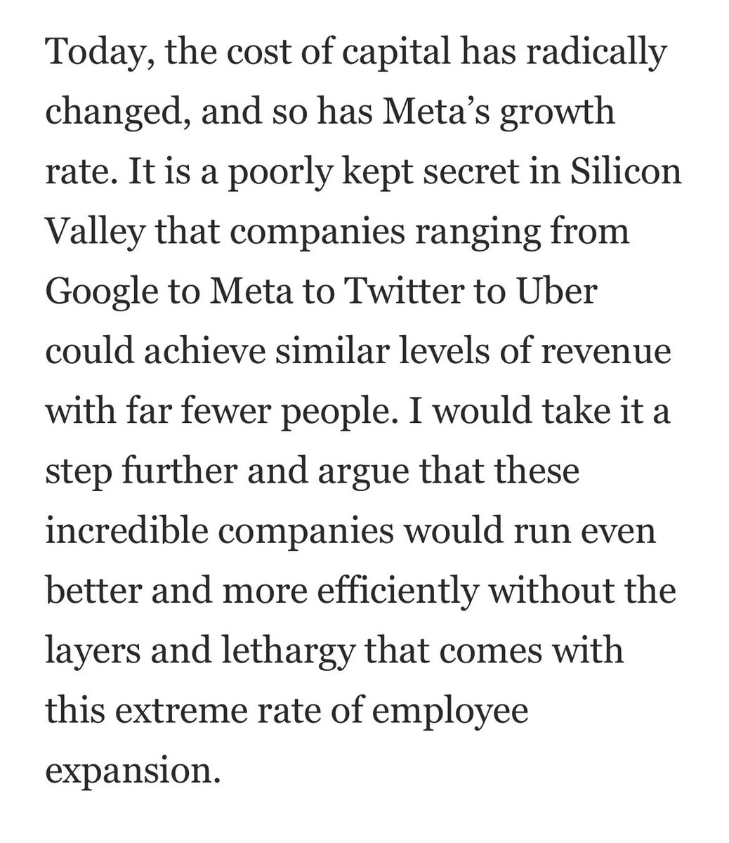 🔥 “It is a poorly kept secret in Silicon Valley that companies ranging from Google to Meta to Twitter to Uber could achieve similar levels of revenue with far fewer people” via <a href="/altcap/">Brad Gerstner</a> 

medium.com/@alt.cap/time-…