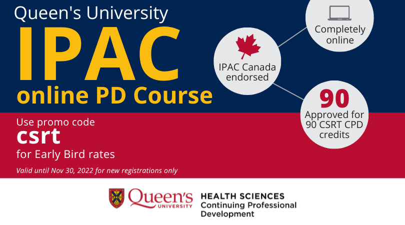 Happy Respiratory Therapy Week #rtweek2022! #DYK that the @QueensUHealth Infection Prevention & Control Online PD Course is approved for 90 CSRT CPD credits? Early bird rates are available now with promo code csrt. Learn more & register healthsci.queensu.ca/opdes/cpd/educ…