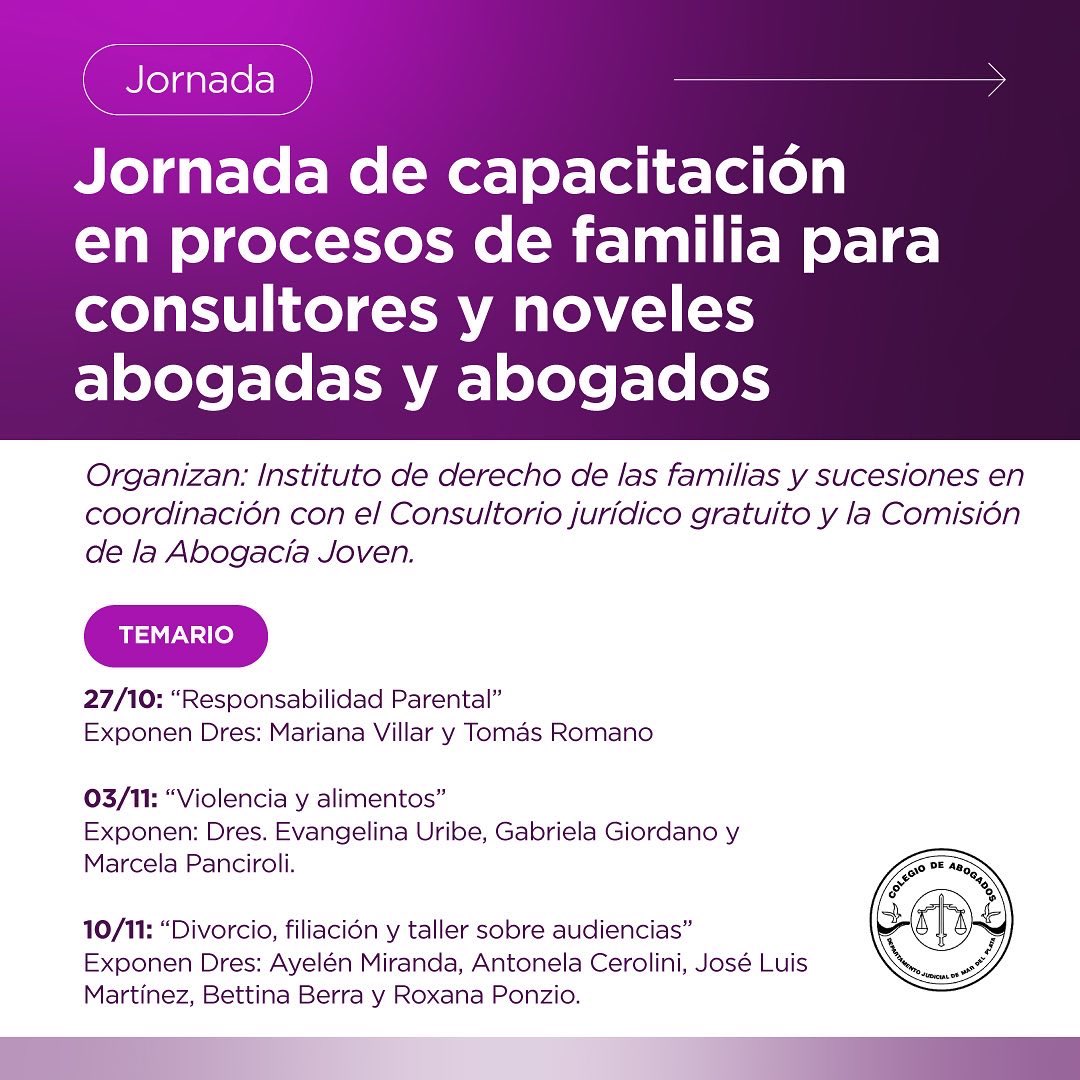 CA_MDP's tweet photo. Jornada de capacitación en procesos de familia para consultores y noveles abogadas y abogados en #CAMDP

▫️Inscripciones (hasta el 26/10): secacad@camdp.org.ar

#LaVozDeLaAbogacía #MarDelPlata https://t.co/8MTVo5w0M4