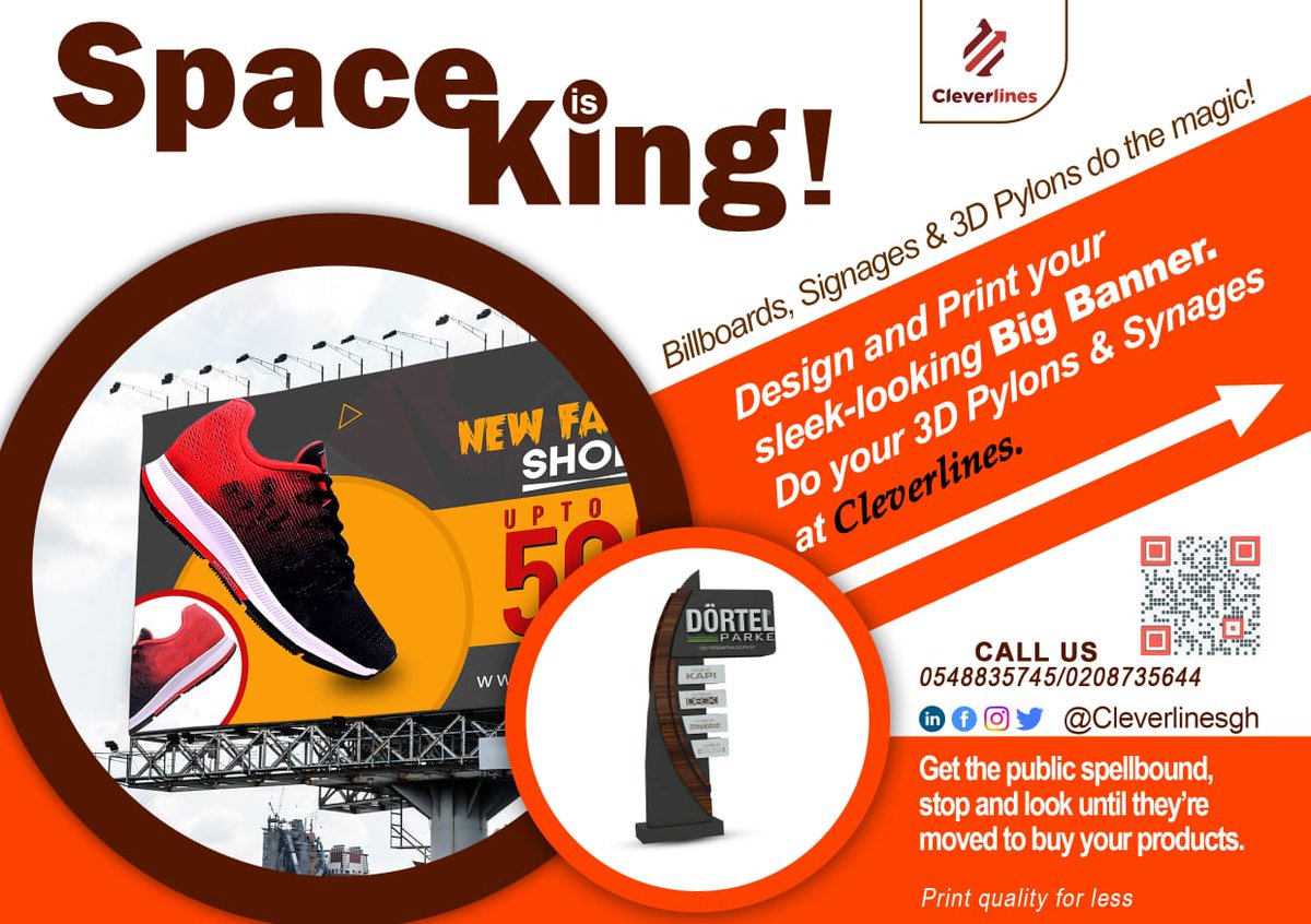 CleverLines3's tweet photo. Space is King! Billboards do the magic!
Design and Print your Sleek-looking Big  #BillBoards, #Signages &amp; 3D Pylons at @Cleverlines
Get the public spellbound. Get people to stop and look until they’re moved to buy your products.

Call/WhatsApp our hotline on ⁨ 054 883 5745⁩. https://t.co/f97qo7WIQh