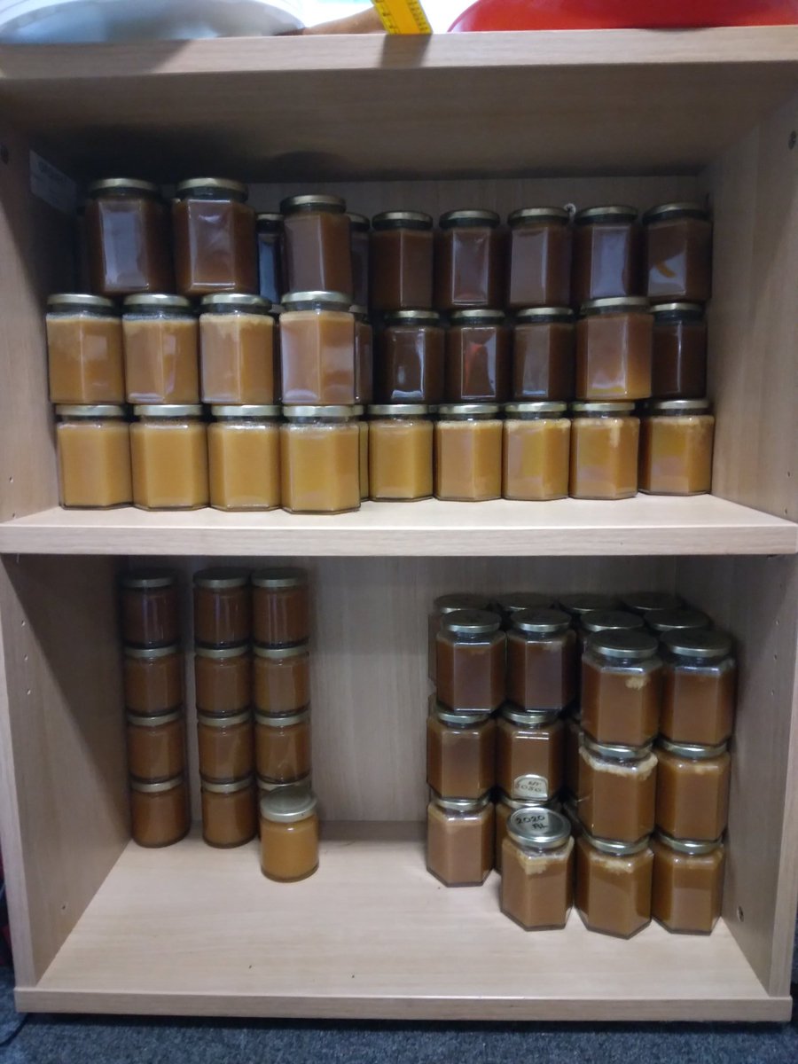 The Acre bees have been busy and this year's honey is nearly ready to processes. Pictured is bee keeper Nigels museum, jars taken over the previous harvesting years. I have to say Acre honey does taste bloody gorgeous #TeamAcre #bees #honey