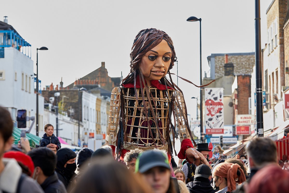 Today is @walkwithamal 's birthday, and just over a year since we welcomed her to Deptford Representing a 9 year old Syrian refugee, #littleamal brings awareness of the war and those fleeing war-torn territories in seek of safety @WeAreLewisham