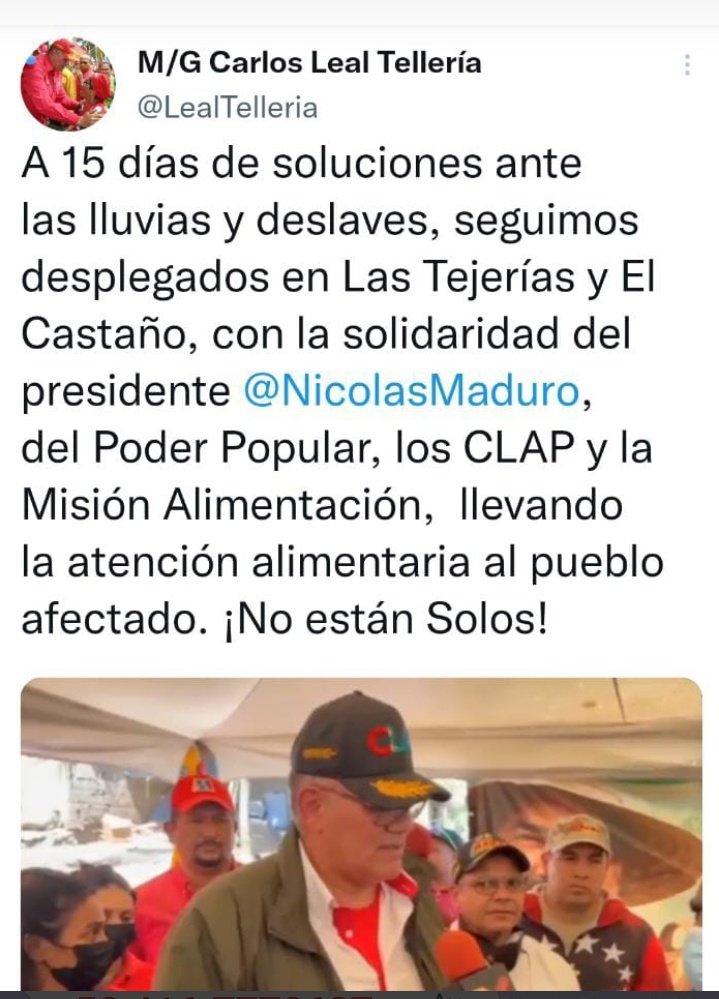 El Ministro <a href="/LealTelleria/">M/G Carlos Leal Tellería</a>, se mantiene desplegado en Las Tejerías y El Castaño, brindo atención alimentaria al pueblo afectado, junto a los #CLAP y diferentes programas sociales de alimentación.  #Táchira 

<a href="/NicolasMaduro/">Nicolás Maduro</a>
<a href="/MinAlimenVen/">minalimentacion_ve</a>
<a href="/BermudezJoseA/">Bermúdez José</a>