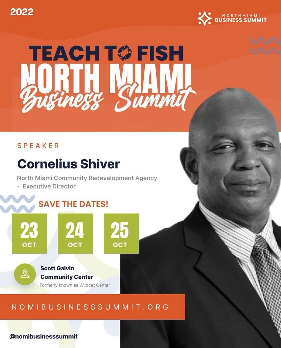 Today at 4pm meet Cornelius Shiver, the new Executive Director for the North Miami CRA. Network, ask questions and learn more about how the CRA can assist your business and residential rehabilitation needs. Get there early and bring a friend.
#entrepreneur #smallbusiness #grants