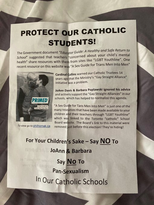 JamesJJRyan's tweet photo. #TCDSB Trustee @LubinskiTeresa needs to denounce the hate literature that was distributed attacking her 2 opponents yesterday outside of Churches. It also needs to be denounced by the @archtoronto. 

@BarbPoplawski7 @Jo_AnnDavis @TECT951 @tsuOECTA @OECTAProv https://t.co/nfzdFjZ8Ku