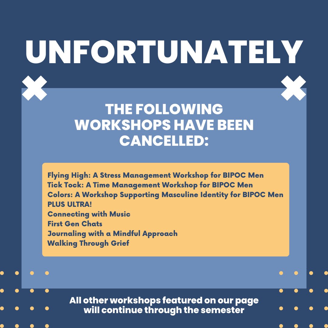 Unfortunately, the following workshops have been cancelled for the remainder of the semester. All other groups/workshops featured on our page will continue.
.
.
.
#CTS #CounselingandTesting #UNTCTS #UNT #Counseling #Therapy #Workshops #Groups #GroupTherapy #UniversityofNorthTexas