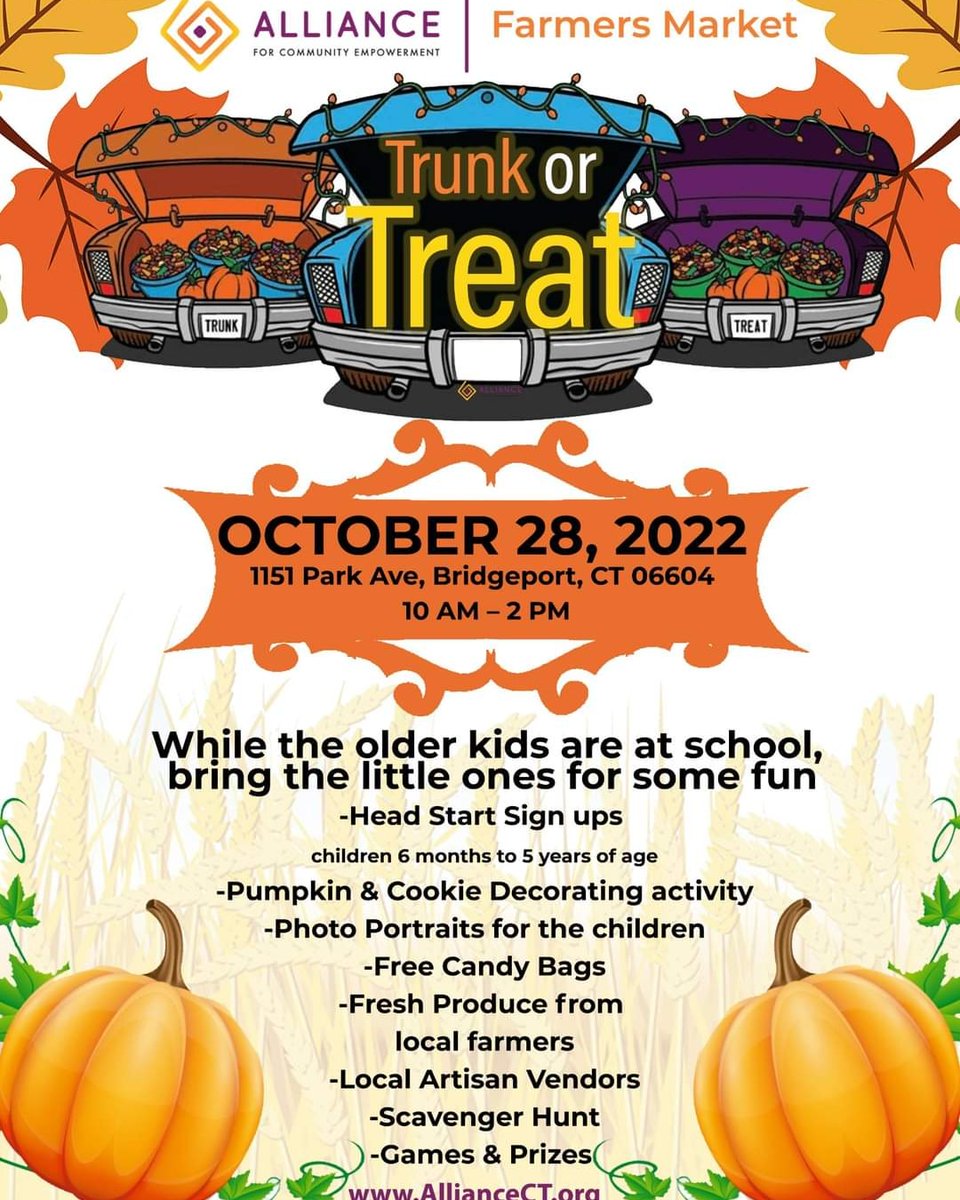 Are you ready for this Friday!!!!!!
--- Alliance Farmers Market
--- Trunk Or Treat
--- Pumpkin Decorating station
--- Cookie Decorating station
--- Photo Portraits stand
--- Games &amp; Prixes
--- Scavenger Hunt
--- Candy Bags