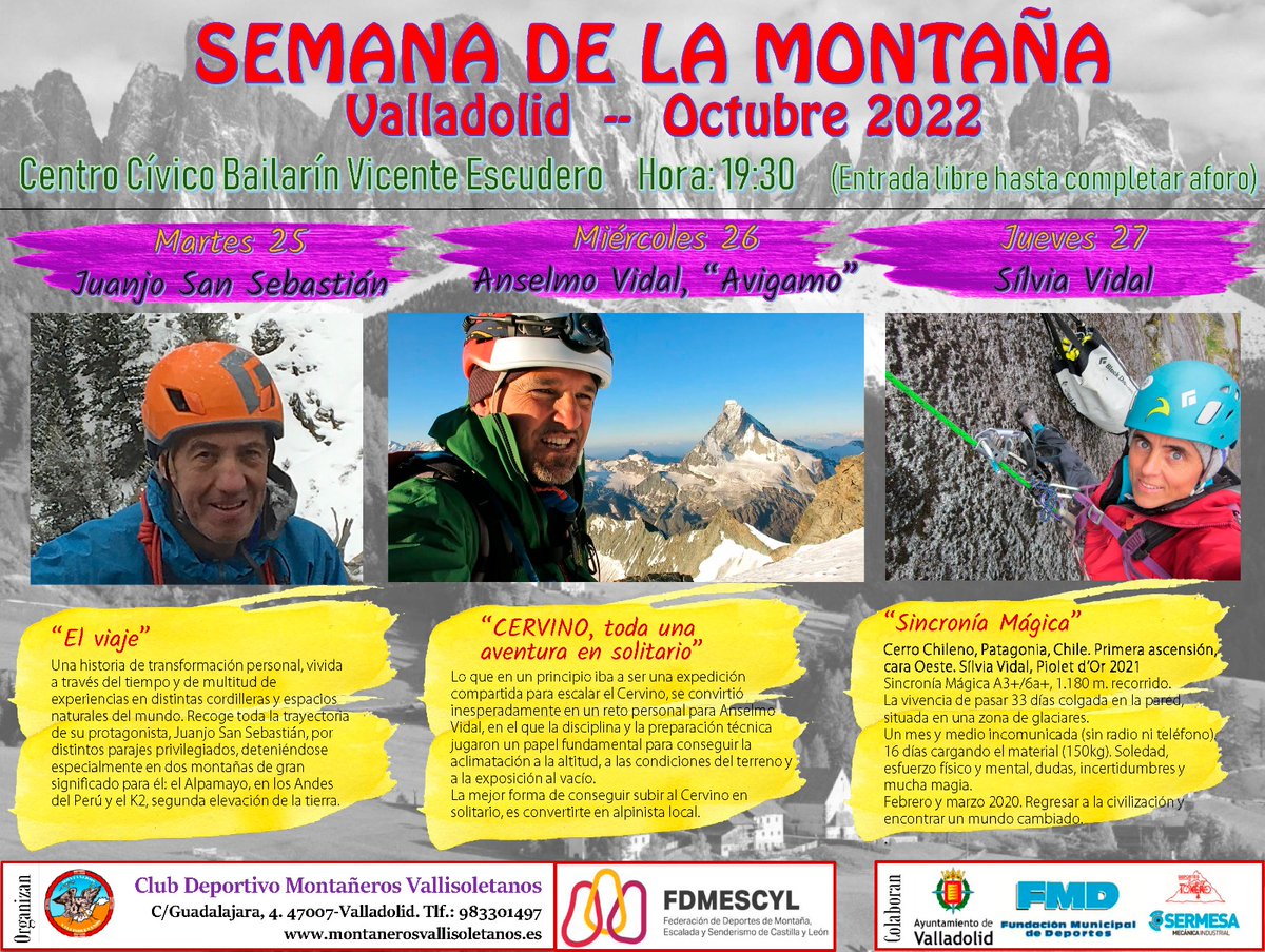 FDMESCYL's tweet image. Mañana (19:30) arranca la Semana de la Montaña de Valladolid, organizada por el @CDMVA con la colaboración de la @FDMESCYL 🗣⛰

Tres días de conferencias en el Centro Cívico Bailarín Vicente Escudero con la presencia de Juanjo San Sebastián, Anselmo Vidal y Silvia Vidal.