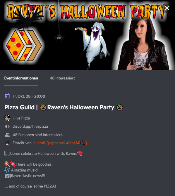RavenMus1c's tweet photo. Don´t miss our special Halloween party on friday in one of the most awesome discords of Hive!! https://t.co/J79PbdwZUF #hivepizza #pizzadiscord #hiveartists #hivemusicians #hivecommunity #halloweenparty #pizzahalloween #hivehalloween #halloweenmusic #halloween #hive #hiveparty https://t.co/oRwuEWiWPd