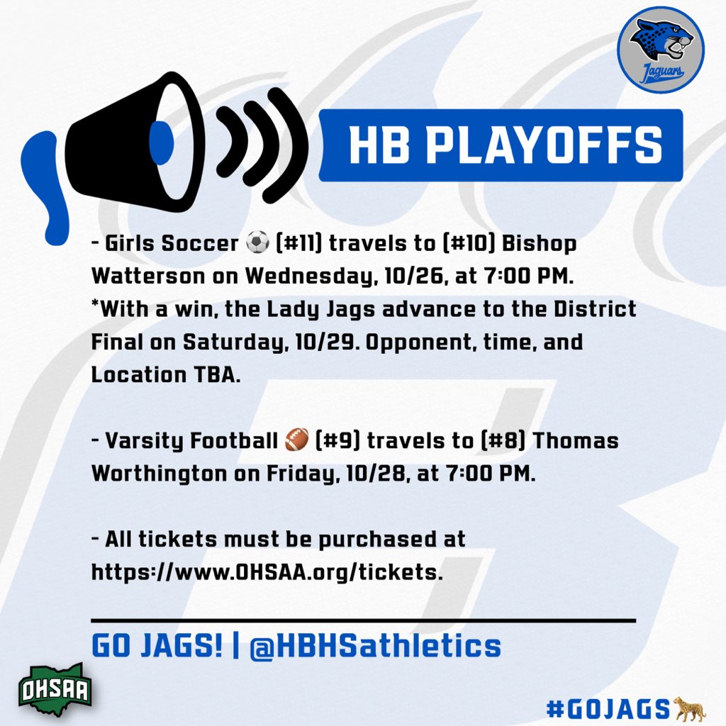 🚨Playoff Updates | ⚽️🏈

<a href="/HBLadyJagsGS/">Hilliard BradleyGS</a> <a href="/BradleyJaguarFB/">Bradley Football</a> <a href="/Bradley_Spirit/">Bradley Cheerleading</a> <a href="/HBHS_TheJungle/">HBHS Student Section</a>