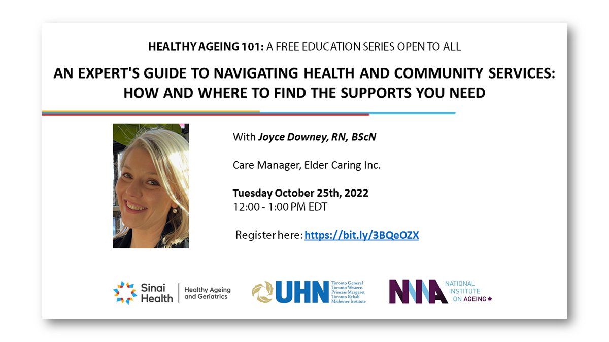 Our October Healthy Ageing 101 webinar, "An Expert's Guide to Navigating Health and Community Services: How and Where to Find the Supports You Need," with Joyce Downey, is happening tomorrow at noon! Register here to attend: bit.ly/3BQeOZX