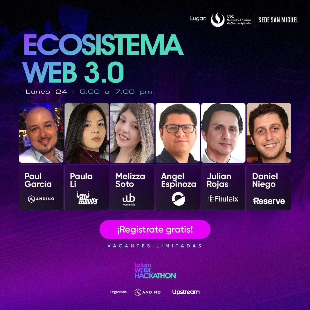Andino 🏔️ (@andino_labs) on Twitter photo #LatamWebXHackathon Conoce el ecosistema web 3.0 de Perú 🇵🇪 🙌
y aprende de grandes referentes en la industria 🏔️ <a href="/UPCedu/">UPC</a> <a href="/coini_app/">coini</a>
<a href="/ReserveARG/">Reserve Argentina 🧉</a> <a href="/firulax/">Jorge luis Paz Cisn</a> <a href="/21MBulls/">21MBulls 𓂀</a>
Link de registro:
forms.gle/VTzfwzCzxWXhw3… #LatamWebXHackathon Conoce el ecosistema web 3.0 de Perú 🇵🇪 🙌
y aprende de grandes referentes en la industria 🏔️ <a href="/UPCedu/">UPC</a> <a href="/coini_app/">coini</a>
<a href="/ReserveARG/">Reserve Argentina 🧉</a> <a href="/firulax/">Jorge luis Paz Cisn</a> <a href="/21MBulls/">21MBulls 𓂀</a>
Link de registro:
forms.gle/VTzfwzCzxWXhw3…