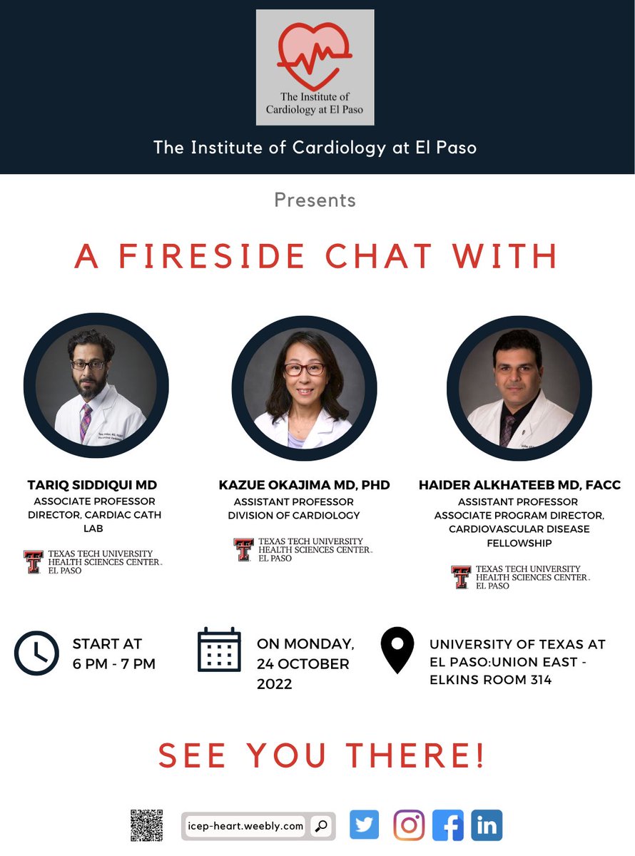 ICEP_ElPaso's tweet image. 📣 MORE SPEAKERS ANNOUNCED 📣

Join us tonight, Oct. 24 -  6 PM, for a discussion about careers in #cardiology. Different viewpoints from distinguished speakers who have taken various paths and are in different stages of their careers. Should be a fun discussion!

#ICEP #TTUHSCEP