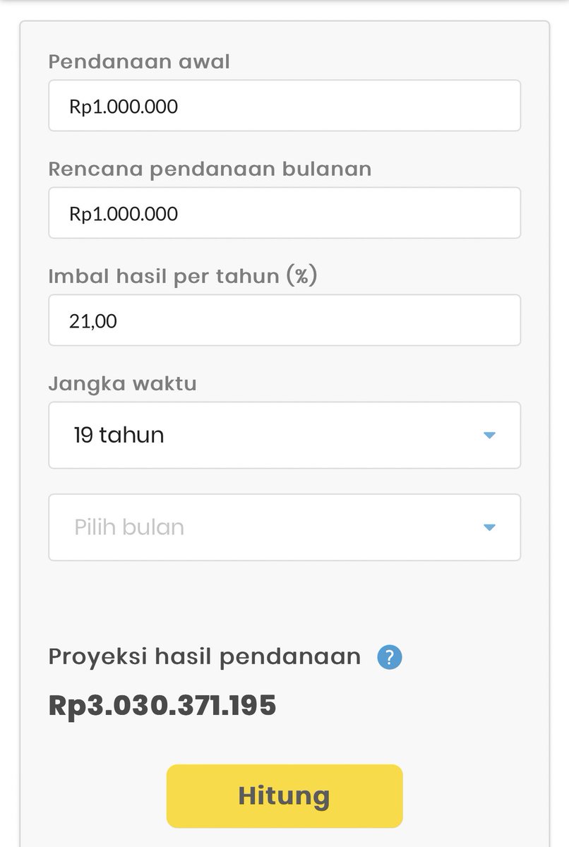 jayakabajay's tweet image. Mau pensiun umur 40 taun? Gini caranya:

Dari awal kerja di umur 21 taun, tiap bulan naro duit sejuta di P2P yang ngasih rate 21% p.a selama 19 taun sampe pensiun di umur 40 taun. Nanti pas pensiun kekumpul 3 milyar.