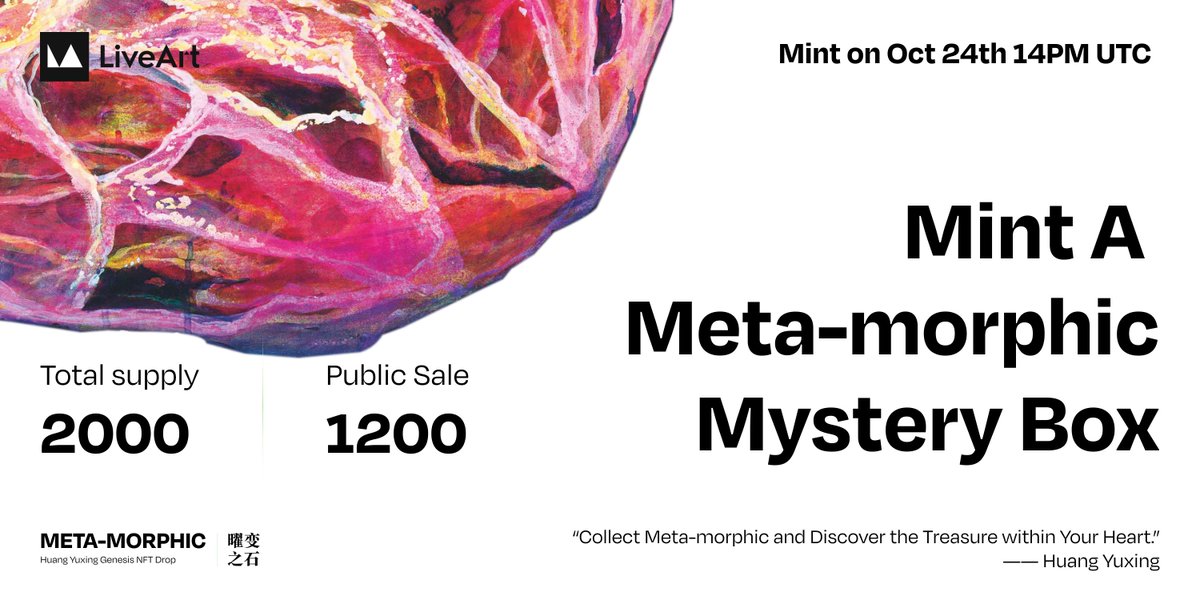 LiveArt Meta-morphic public sale is LIVE 🔥

◾️Sale: 1,200 Mystery Boxes｜1.5 ETH each 💰
◾️Inside each Mystery Box: A Seven Treasures NFT 💎

🔗Mint Website: metamorphic.liveart.io