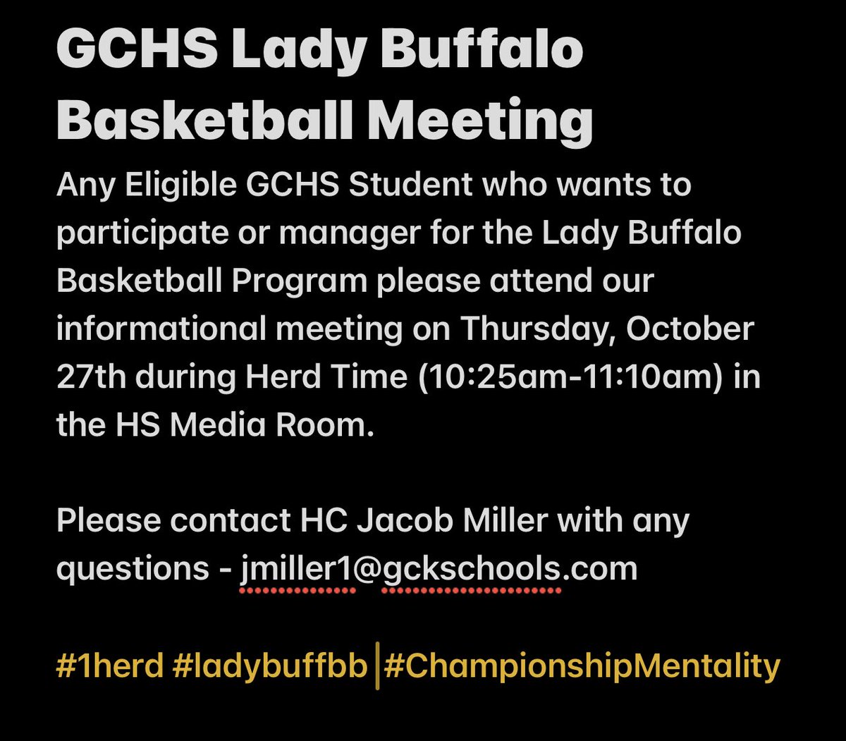 If you’re interested in participating or being a manager for the 22-23 Lady Buff Girls Basketball program. Please attend our information meeting this Thursday! #1herd #ladybuffbb  #ChampionshipMentality