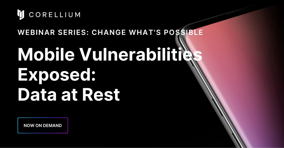 Miss the second installment of our webinar series? No worries, the recording is now available on demand 😊 Hear Brian Robison, our VP of Product Marketing, and Corellium Researcher, Steven Smiley, walk through mobile app data storage and security risks. landing.corellium.com/data-at-rest-w…
