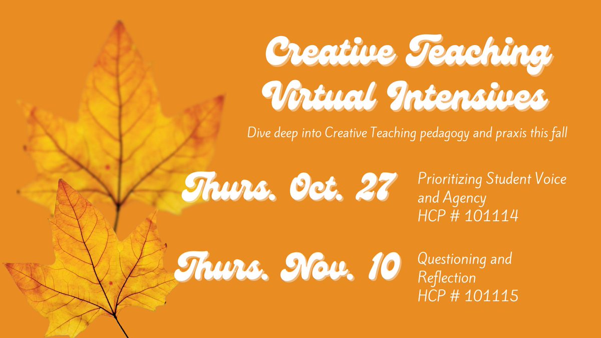 CLI_AISD's tweet image. Our 1st fall Creative Teaching Intensive is this Thurs. Oct. 27, 4:30-6 pm on Zoom!

Recommended for AISD educators who&apos;ve received foundational Creative Teaching training, sessions count for GT credit &amp;amp; PLED eligible w/ principal approval.

Sign up in HCP austin.truenorthlogic.com/ia/empari/lear…