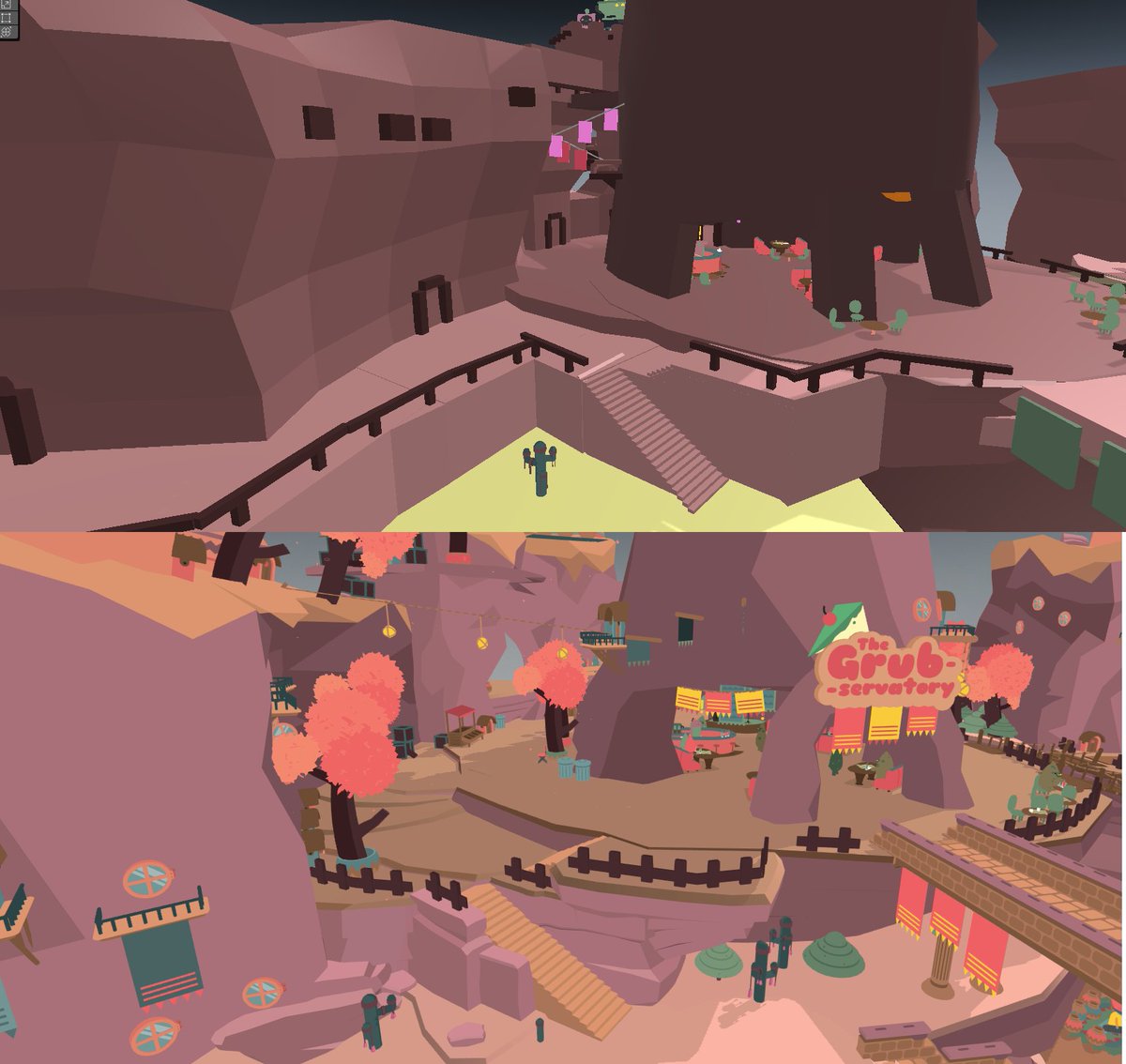 FlatPonies's tweet photo. When the base design of the Spaceport was finally in place for @rebotsgame it was time for working on details.
Blockouts got proper art, more NPCs were added, problems got smoothed over. This stage is satisfying in any creative work, getting to make it look good.
#Blocktober https://t.co/dCQ32Kneuq