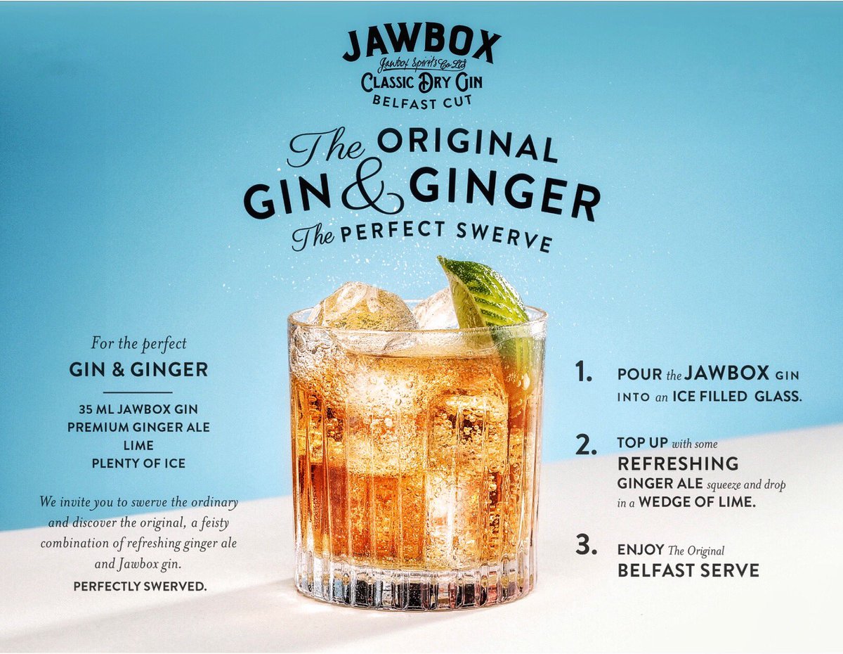 JawboxGerry's tweet photo. Hi Ian, be sure to try our Signature Serve of @JawboxGin with another great Belfast invention, Ginger Ale. #ThePerfectSwerve
#Belfast #BelfastCut https://t.co/8zmEVNbrBP