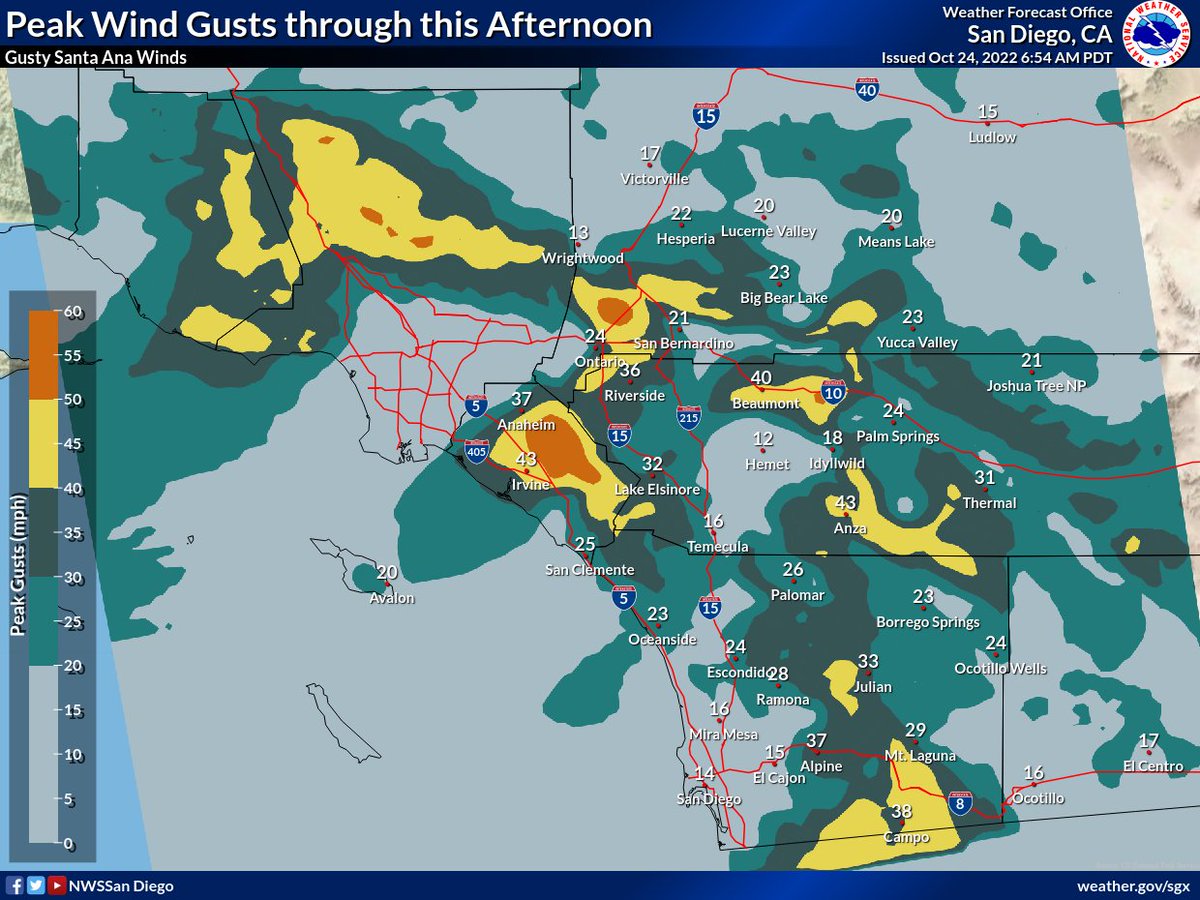 Gusty Santa Ana winds will continue this morning. Strongest gusts are below the San Gorgonio and Cajon Passes and on the foothills of the Santa Ana mountains. Winds will diminish this afternoon. The 1st image is observed winds at 7 AM, the 2nd is the forecast through 2 PM. #CAwx