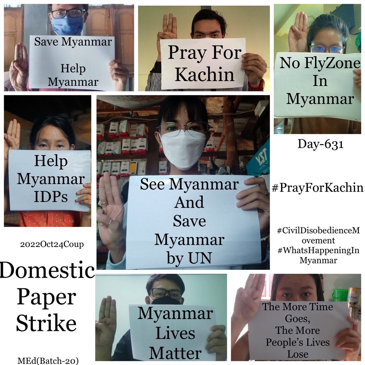 ActivistLittle's tweet photo. 7 CDMer teachers, MEd [Batch-20], from Sagaing University of Education staged an anti-coup revolutionary domestic strike as 631st day without a day off.

#2022Oct24Coup #PrayForKachin #CivilDisobedienceMovement #WhatsHappeningInMyanmar https://t.co/WxnsXnvcSy