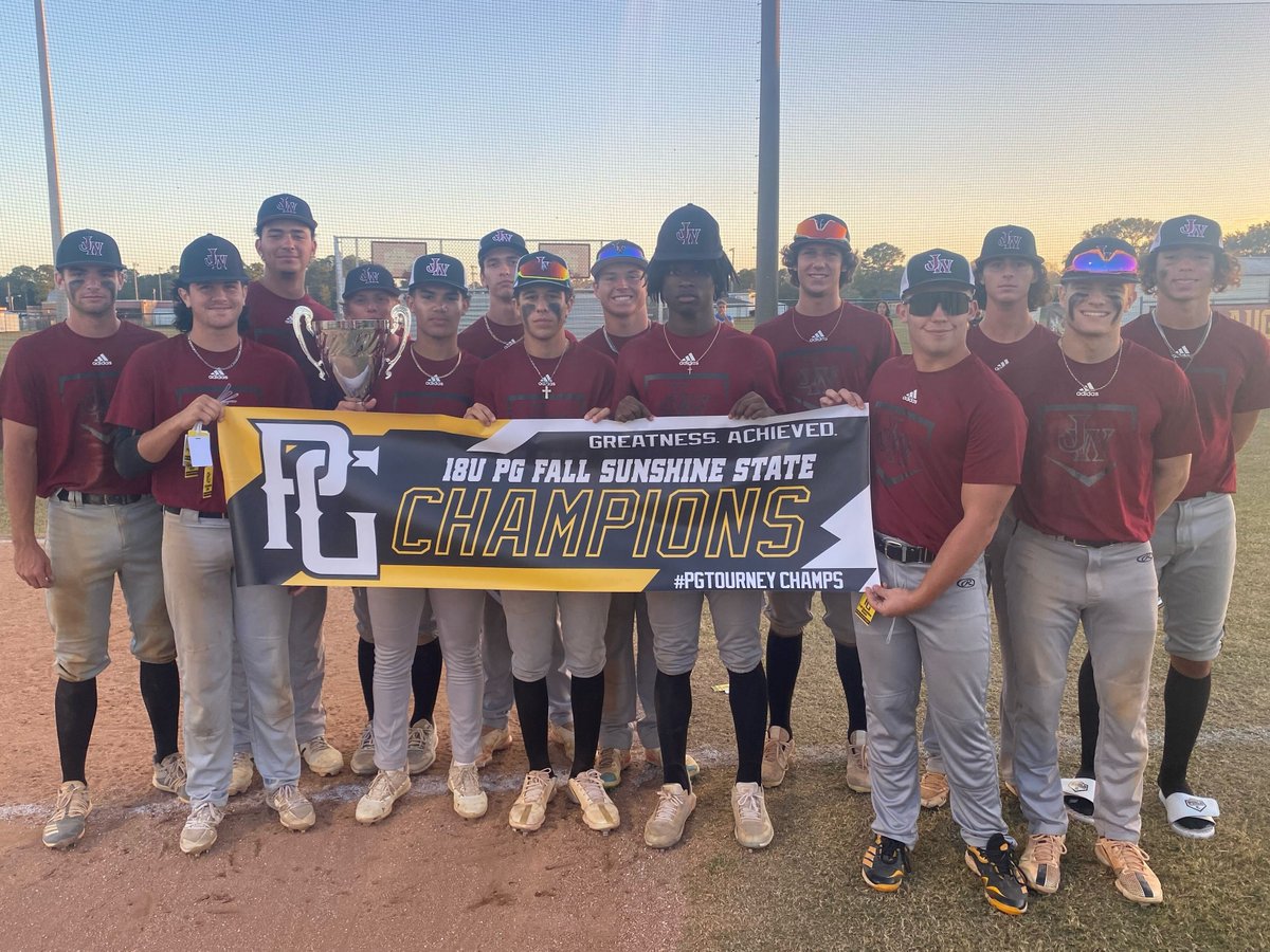 PG_Tourney's tweet photo. 2022 17U/18U PG Fall Sunshine State Championship

🏆Champions: Jacksonville Warriors
🥈Finalists: Florida Pokers National Upperclass Powered by Mizuno
🏅MVP: Jacob Kendall
🏅MVPitcher: Blake Pacheco (Not Pictured) https://t.co/EGgLnPtLiy