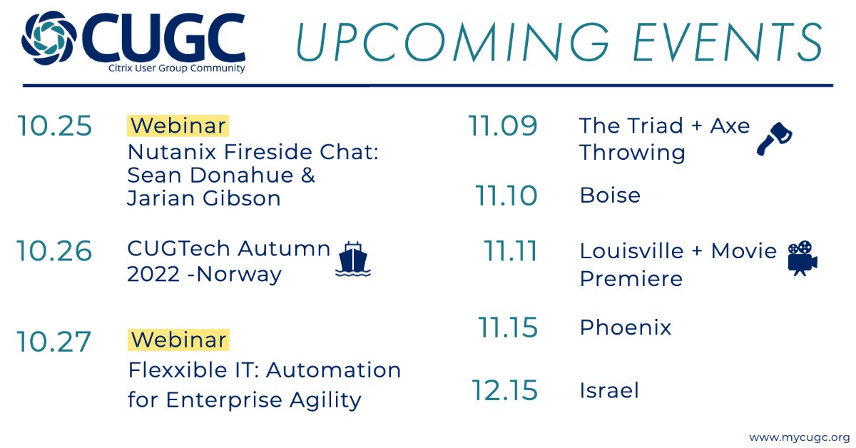 Happy Monday, #myCUGC friends!

Tomorrow: <a href="/JarianGibson/">Jarian Gibson</a> &amp; <a href="/SeanDo40/">SeanDö #VDI</a> live &amp; unscripted on #Citrix + <a href="/nutanix/">Nutanix Inc.</a> validated design!

Wednesday: @CUGNorway sails away!

Thursday: <a href="/AdamCooperman/">Adam Cooperman</a> shows off <a href="/FlexxibleIT/">Flexxible</a>'s cool automation solution! 

mycugc.org/events/#/list