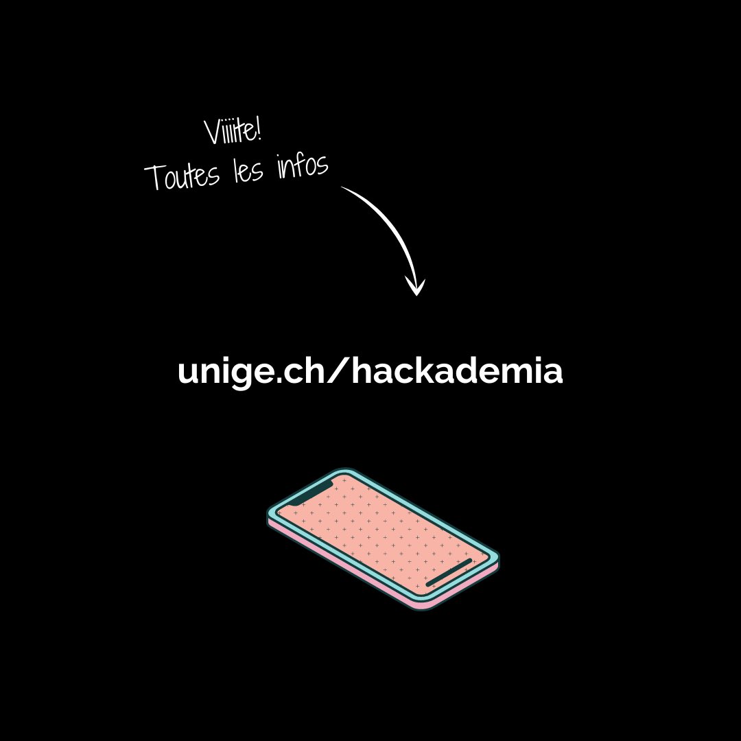 Bureau de la Transformation Numérique (@unigenumerique) on Twitter photo HACKADEMIA: rendez-vous le 27 octobre pour rejoindre les projets qui transformeront <a href="/UNIGEnews/">Université de Genève</a> lors du Hackathon numérique les 4-5 novembre au Campus Biotech!
Pour tout savoir ➡️ hackademia2022.sparkboard.com HACKADEMIA: rendez-vous le 27 octobre pour rejoindre les projets qui transformeront <a href="/UNIGEnews/">Université de Genève</a> lors du Hackathon numérique les 4-5 novembre au Campus Biotech!
Pour tout savoir ➡️ hackademia2022.sparkboard.com