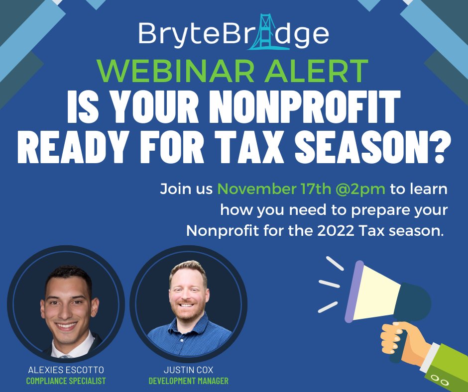 brytebridge's tweet photo. Don't miss out on this learning opportunity! Prepare your Nonprofit for the tax season with our 990 experts by joining us on Nov 17, @ 2pm. Register for the webinar below!
📈  https://t.co/bgSwvDSjlC https://t.co/gUH8VGOwo9