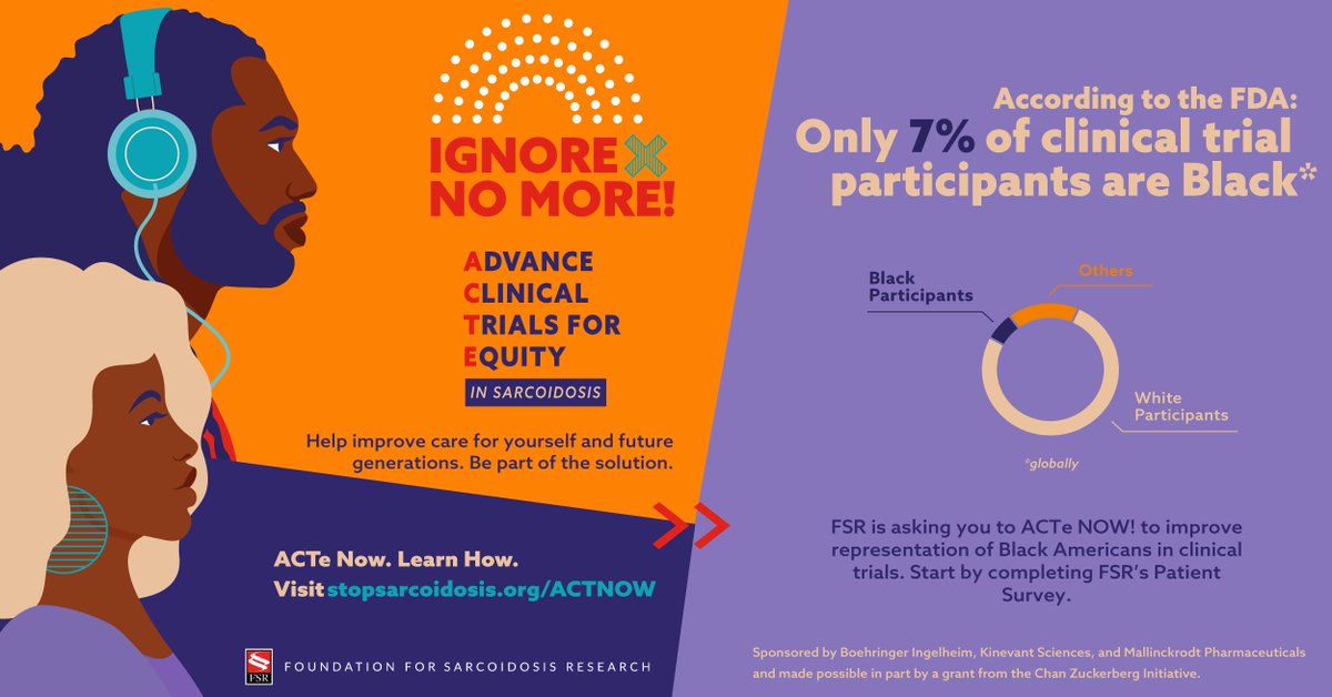 StopSarcoidosis's tweet photo. #BlackAmericans are 2.5x more likely to have #sarcoidosis than White Americans &amp; have a mortality rate 12x higher. Help us close the gap by taking this patient survey: https://t.co/zsAax7yNhm

#IgnoreNoMoreACTNow #ClinicalTrials #Research #Equity #RareDisease #BlackHealth https://t.co/bR0WJLD9Ry