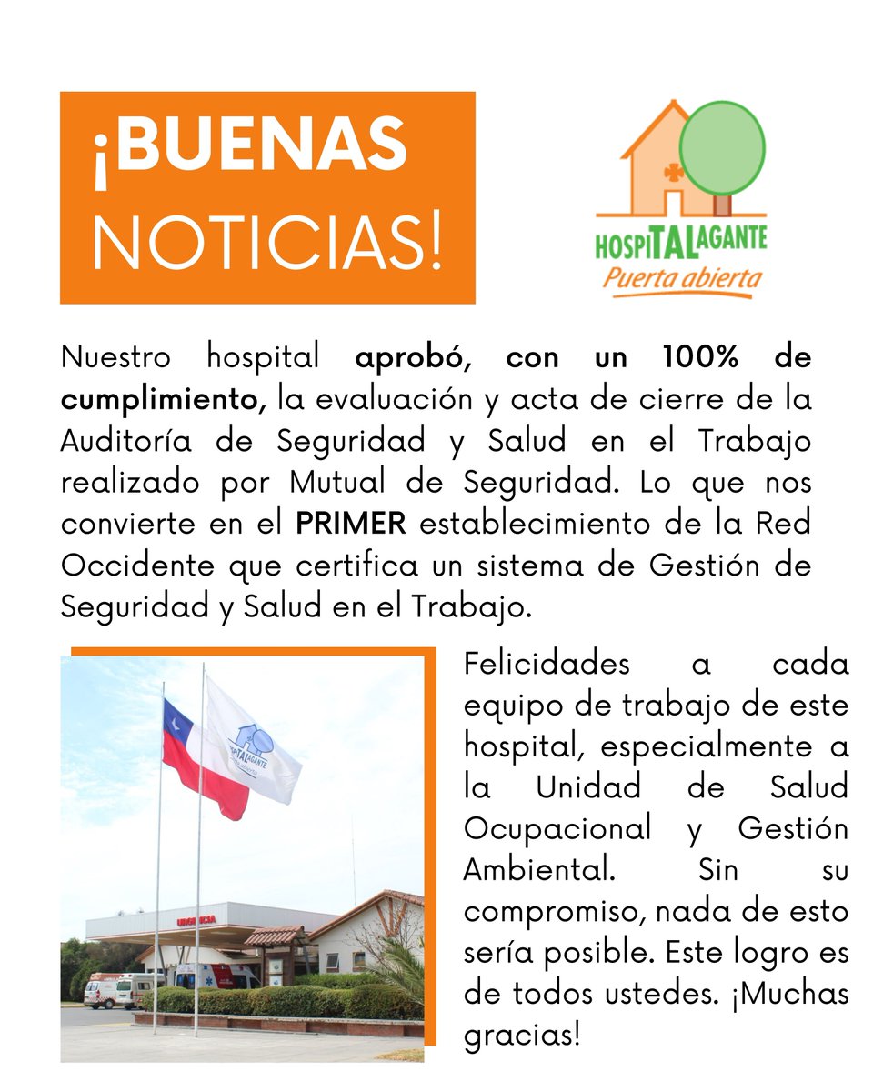 🎉¡Felicidades! Hospital de Talagante aprueba con un 100% de cumplimiento la evaluación realizada por Mutual de Seguridad.👏

#Seguridad #saludpublica #trabajoseguro <a href="/ministeriosalud/">Ministerio de Salud</a> <a href="/SaludOccidente/">Servicio de Salud Occidente</a>