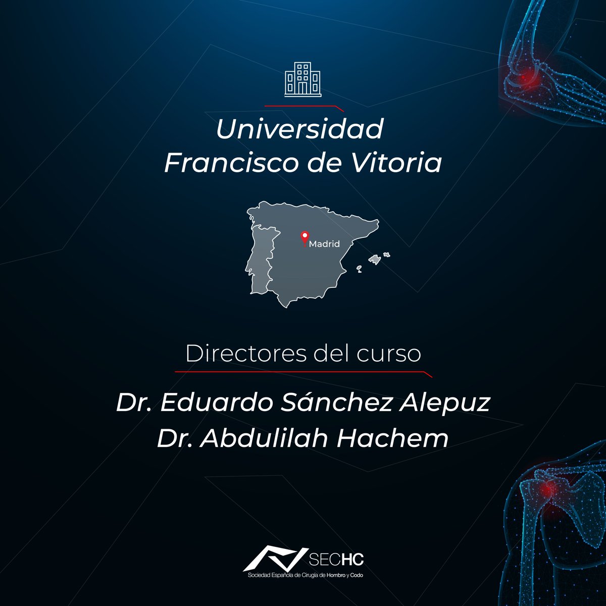 CURSO PRÁCTICO AVANZADO DE CIRUGÍA DE HOMBRO

Anunciamos curso conjunto <a href="/aeartroscopia/">AEA</a> - SECHC en cadáver.

📅25 y 26 de noviembre de 2022 
📍Universidad Francisco de Vitoria <a href="/ufvmadrid/">Universidad Francisco de Vitoria</a>, Madrid

✍️bit.ly/3De5wsM ¡Apúntate aquí!