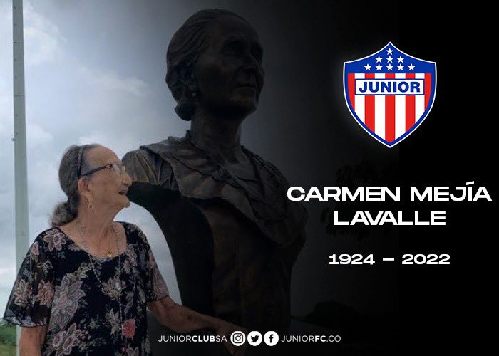 JuniorClubSA's tweet photo. ✊🏽Lamentamos el sensible fallecimiento de Carmen Mejía Lavalle, hija de Micaela Lavalle, fundadora de Junior. Enviamos nuestras sinceras condolencias a familiares y amigos. https://t.co/s9zuNSiVmi